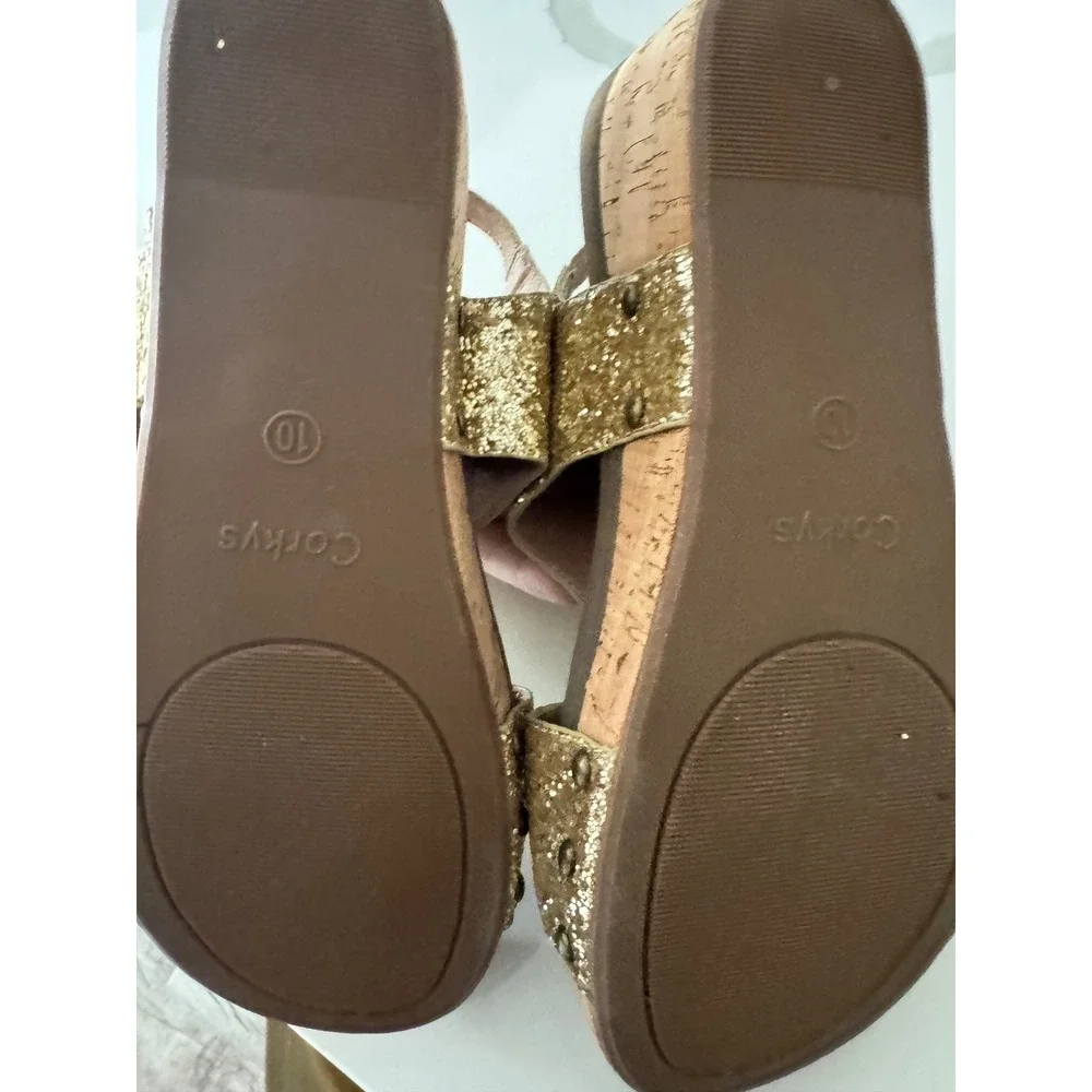 Boutique by Corkys Gold Glitter Wedge Sandals Womens 10 Slingback Cork Heel